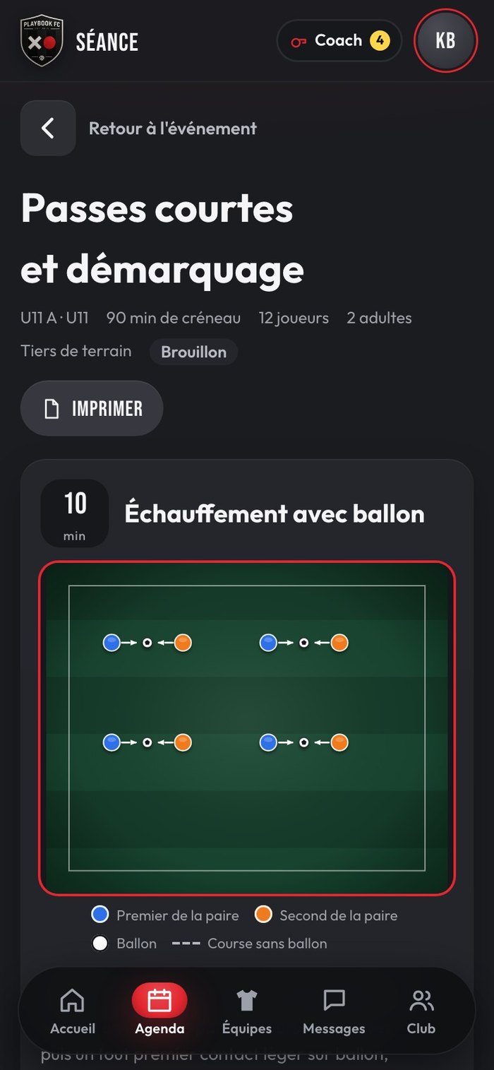 Séance d'entraînement préparée, sur le téléphone du coach
