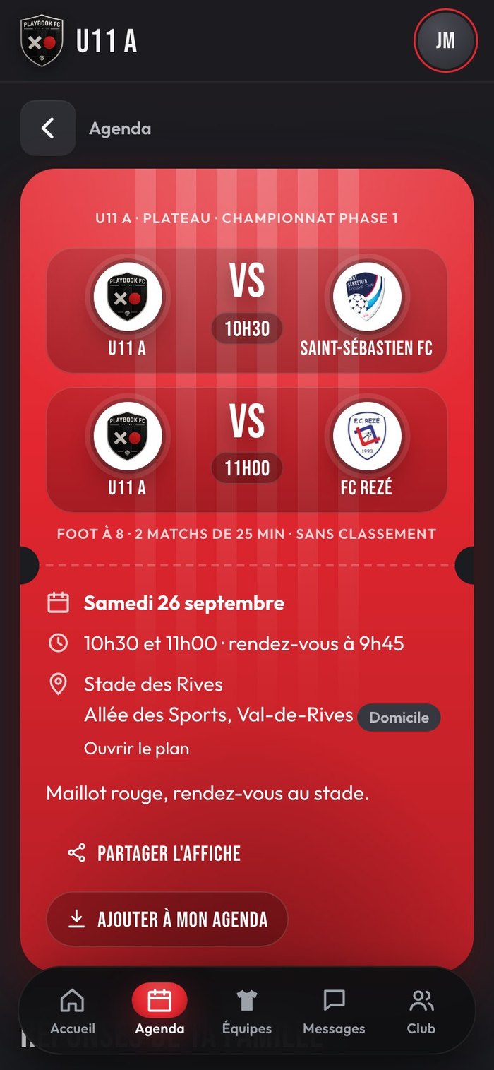 Affiche du match dans l'application