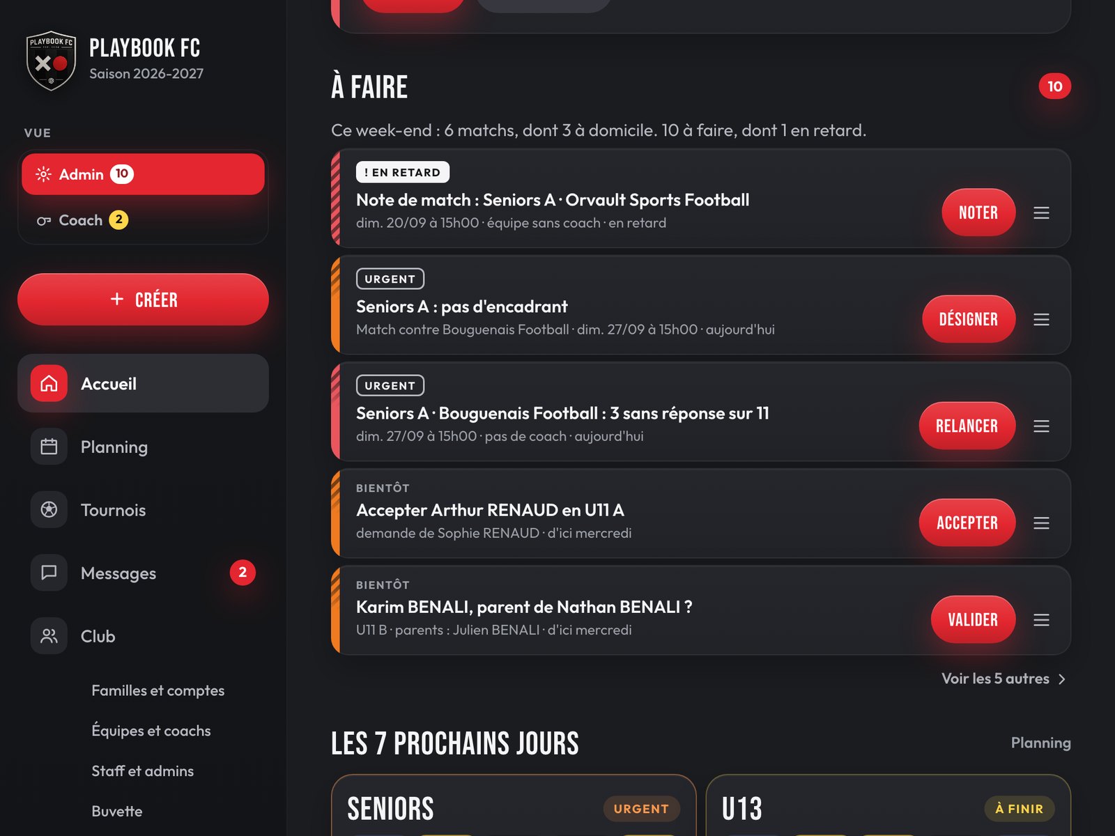 Accueil de la présidente sur tablette : les tâches du club classées par urgence, chacune avec son bouton