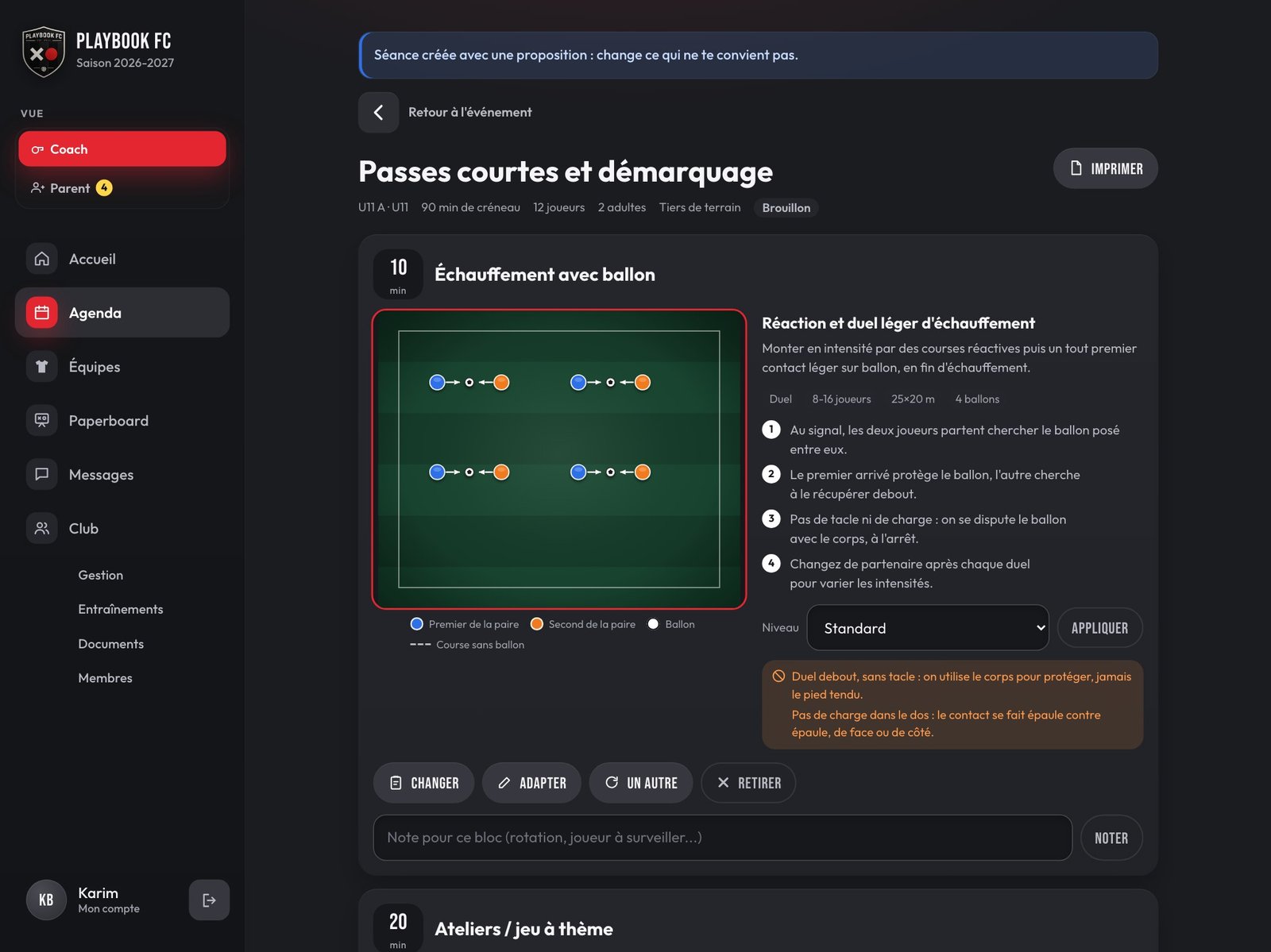 Séance d'entraînement U11 préparée bloc par bloc, sur tablette
